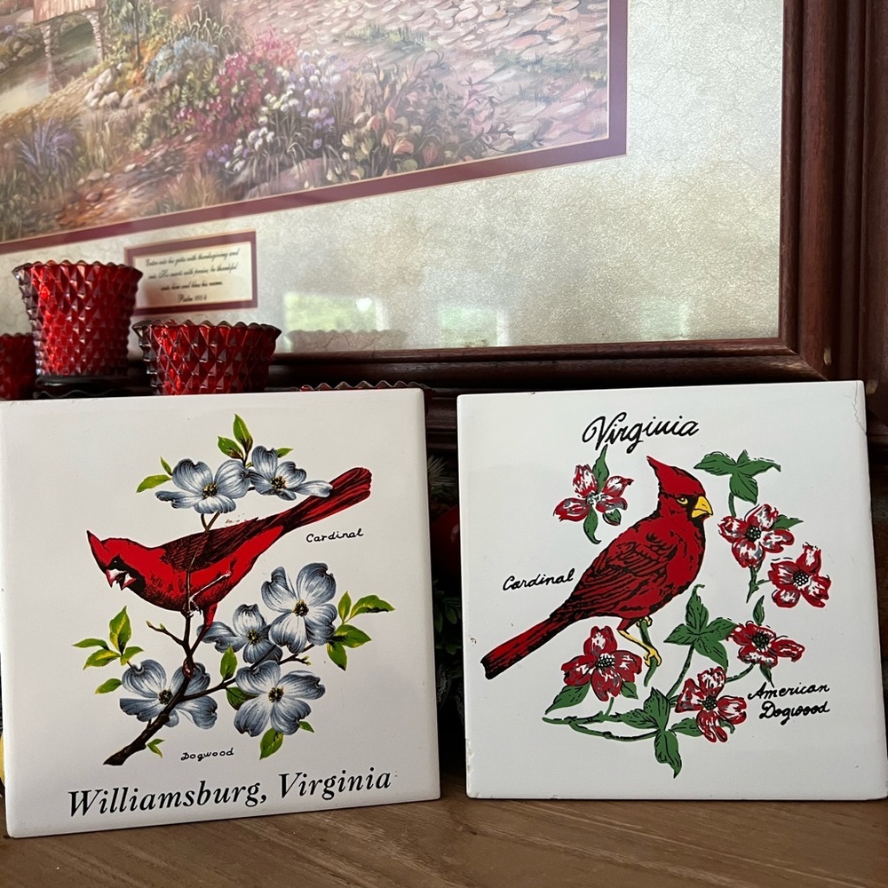 2x Vintage Hand Painted Ceramic Tile, Coaster, or Wall Decor, Red Cardinal